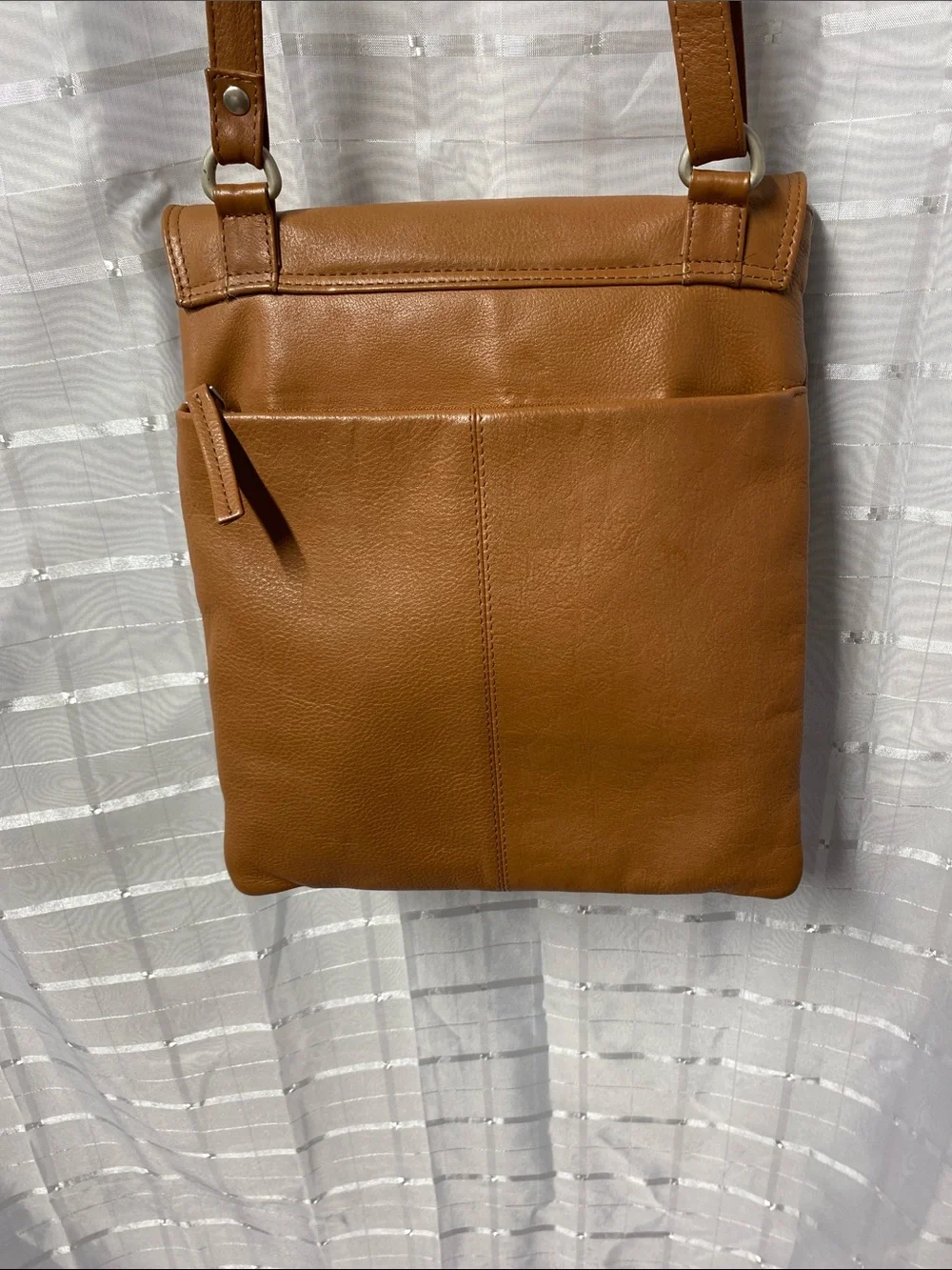Men's Tan Leather Messenger Bag with Front Zip Pocket